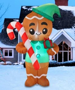 Joiedomi 6ft Christmas Inflatable Gingerman Holding Candy Cane Inflatables
