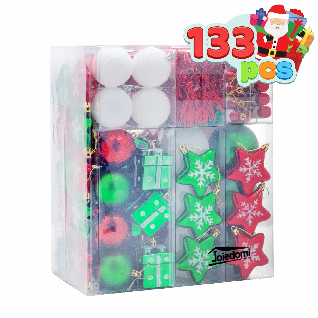 Joiedomi 132 Pcs Red, Green, White Christmas Assorted Ornaments With A Silver Star Tree Topper 1 Joiedomi 132 Pcs Red, Green, White Christmas Assorted Ornaments With A Silver Star Tree Topper