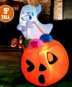Joiedomi Inflatables Tall Cute Ghost Lift Pumpkin Candy Bag Inflatable (5 Ft)