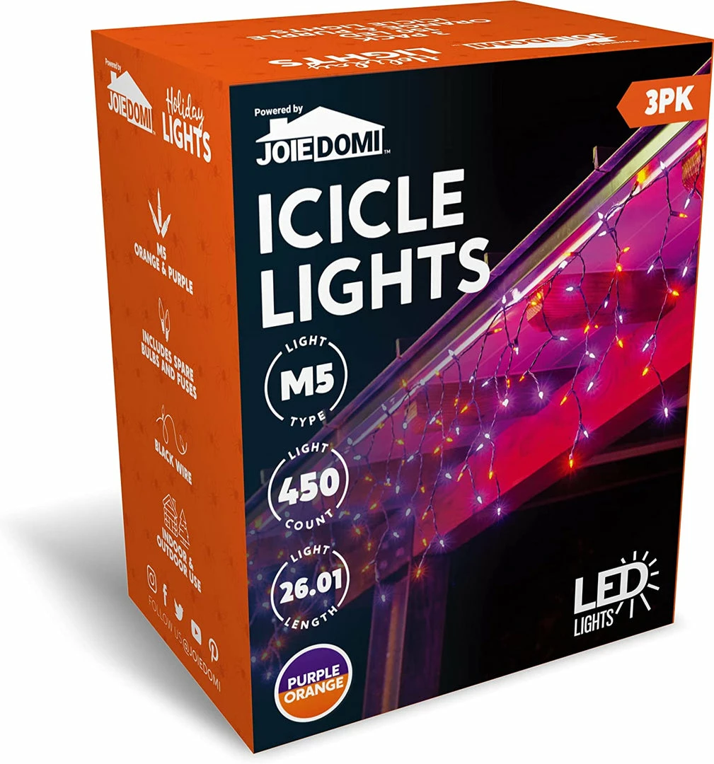 Joiedomi 150 M5 LED Black Wire Icicle Lights (Orange & Purple), 3 Packs 1 Joiedomi 150 M5 LED Black Wire Icicle Lights (Orange & Purple), 3 Packs