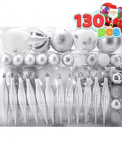Joiedomi 133 Pcs Christmas Ornaments, Assorted Shatterproof Silver & White Christmas Ornaments