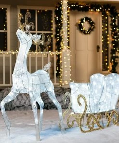 Joiedomi All Holiday Decor Cotton Christmas Reindeers Sleigh White Yard Lights, 2 Pcs