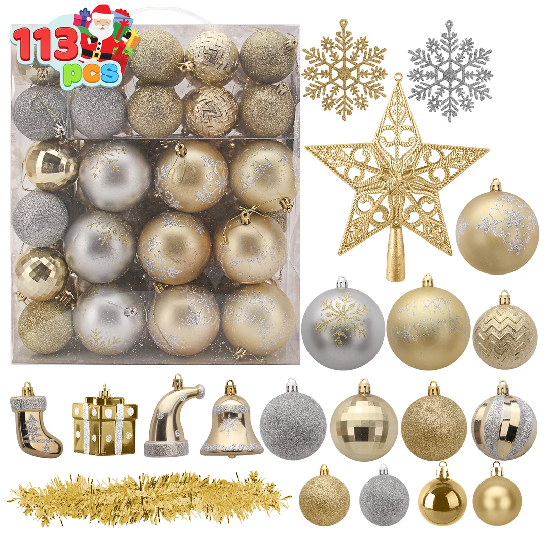 Joiedomi 112 Pcs Gold & Silver Christmas Assorted Ornaments With A Star Tree Topper 2 Joiedomi 112 Pcs Gold & Silver Christmas Assorted Ornaments With A Star Tree Topper