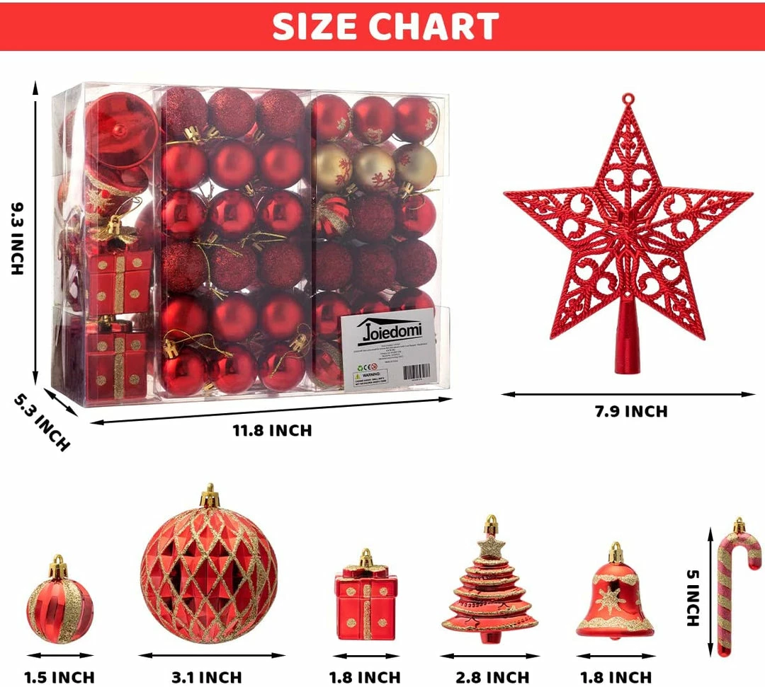 Joiedomi All Holiday Decor 60 Pcs Christmas Assorted Ornaments With A Star Tree Topper Red & Gold 2 Joiedomi All Holiday Decor 60 Pcs Christmas Assorted Ornaments With A Star Tree Topper Red & Gold