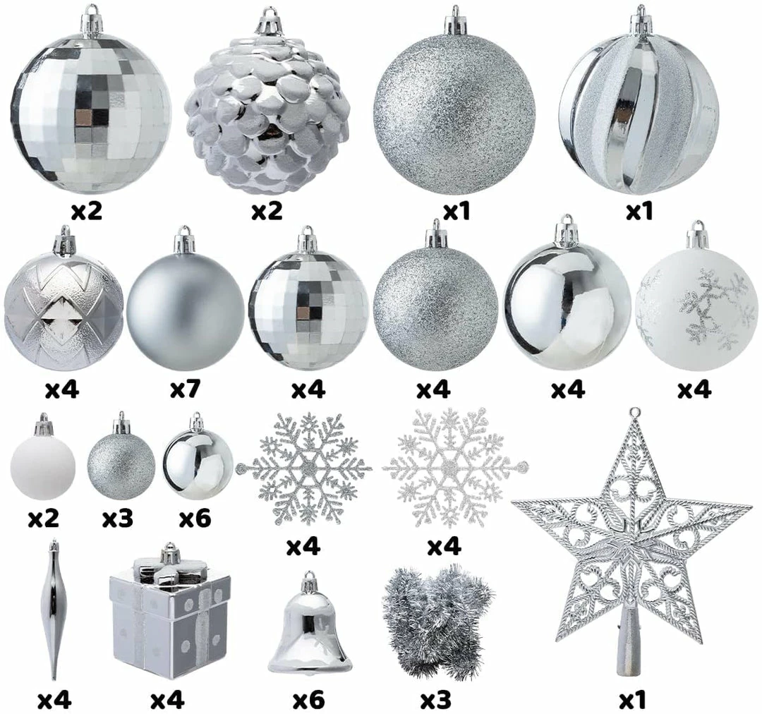Joiedomi 70 Pcs Christmas Assorted Ornaments With A Star Tree Topper Silver & White 2 Joiedomi 70 Pcs Christmas Assorted Ornaments With A Star Tree Topper Silver & White