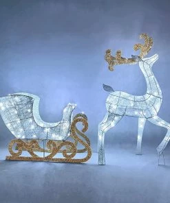 Joiedomi All Holiday Decor Cotton Christmas Reindeers Sleigh White Yard Lights, 2 Pcs