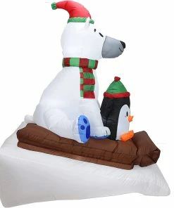 Joiedomi 6FT Tall Inflatable Polar Bear Sledding With A Penguin All Holiday Decor