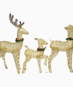 Joiedomi 3 Pcs LED Yard Lights - Fabric 5ft Buck, 4ft Doe, And 3ft Fawn With Wreath (Gold)
