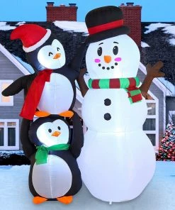 Joiedomi 6 FT Tall Inflatable Two Penguins Carry Each Other To Hold Snowman's Head Christmas