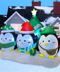 Joiedomi 6FT Long Inflatable Three Chubby Penguin In Front Of Christmas Tree