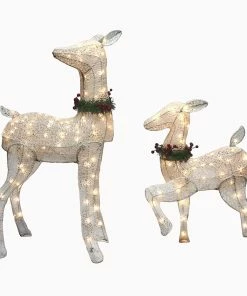 Joiedomi All Holiday Decor 2Pcs LED Yard Lights - Fabric 4ft Doe And 3ft Fawn (White)