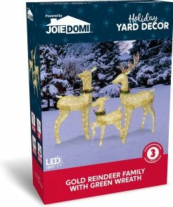 Joiedomi 3 Pcs LED Yard Lights - Fabric 5ft Buck, 4ft Doe, And 3ft Fawn With Wreath (Gold)