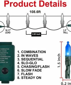 Joiedomi All Holiday Decor 108.6 Ft 300-Count Blue LED 8 Modes Green Wire Light Set