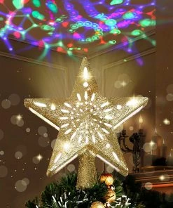 Joiedomi Gold Star Tree Topper With Rainbow Projector Lights