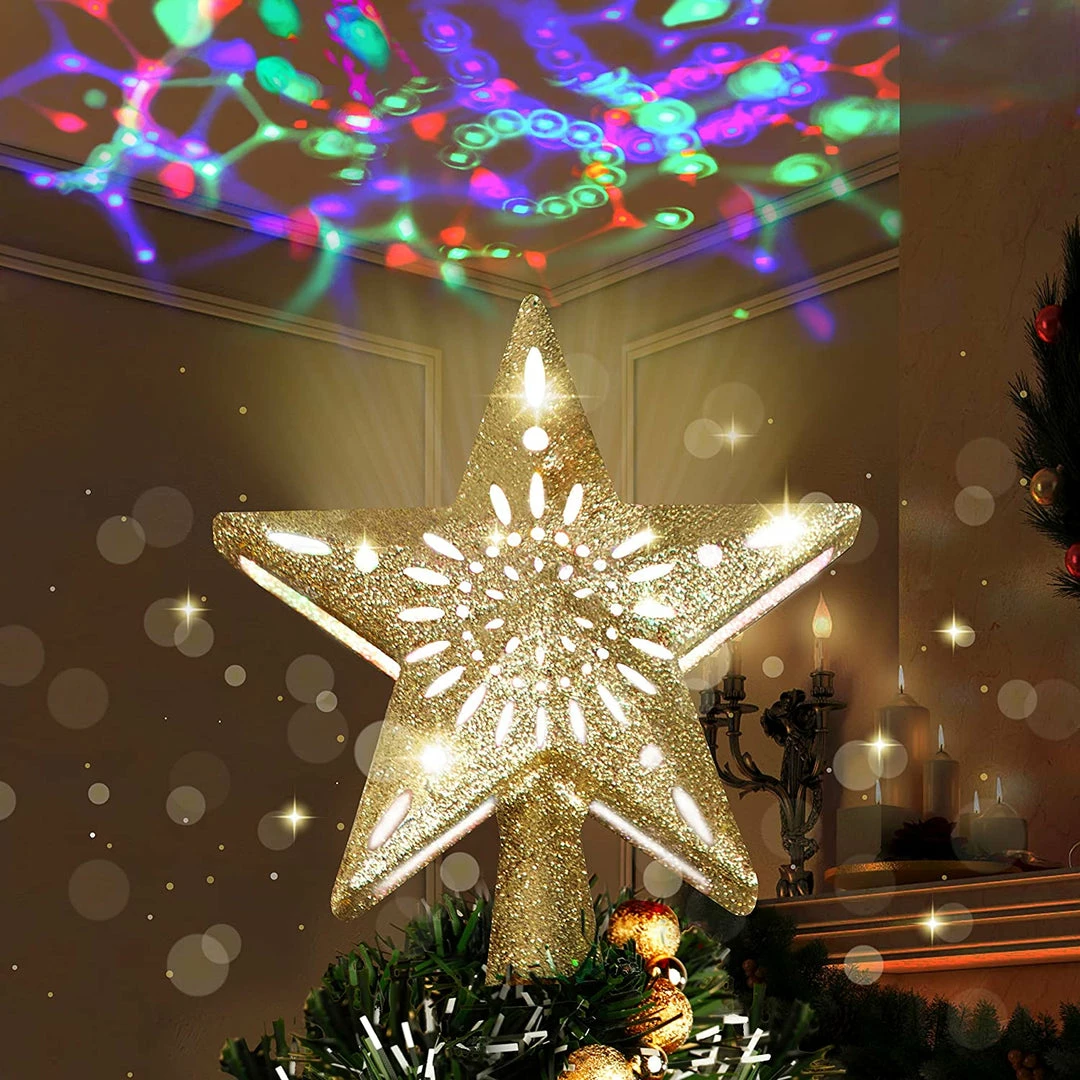 Joiedomi Gold Star Tree Topper With Rainbow Projector Lights 1 Joiedomi Gold Star Tree Topper With Rainbow Projector Lights