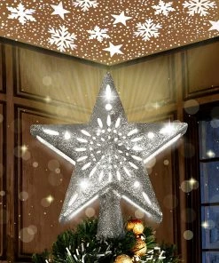 Joiedomi Silver Star Tree Topper With White Snowflake Star Projector Lights
