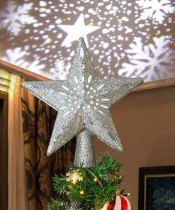 Joiedomi Silver Star Tree Topper With White Snowflake Star Projector Lights