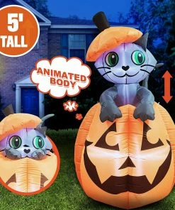 Joiedomi Tall Animated Halloween Kitty Cat On Pumpkin Inflatable (5 Ft)