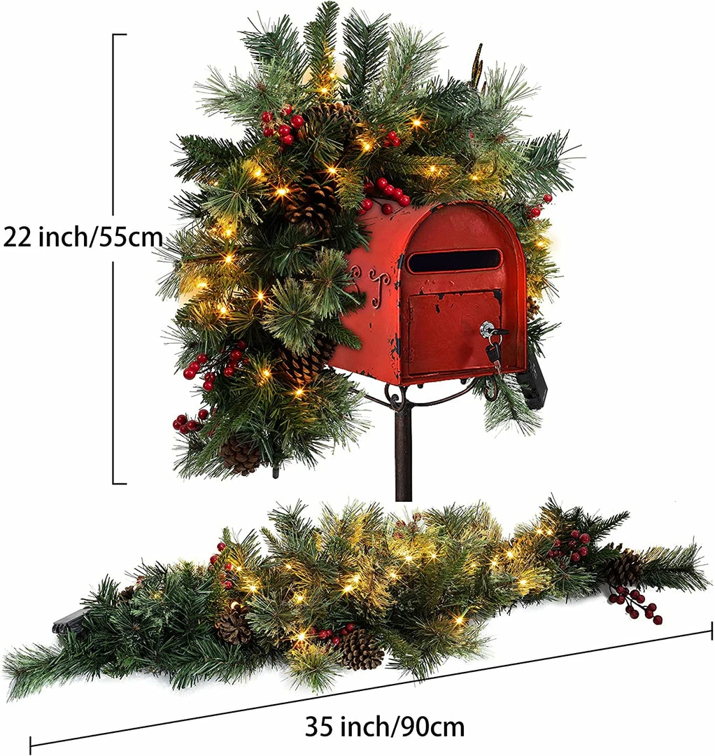 Joiedomi 6" Pre-lit Artificial Christmas Mail Box Swag Flocked With Red Berries Lights 3 Joiedomi 6" Pre-lit Artificial Christmas Mail Box Swag Flocked With Red Berries Lights
