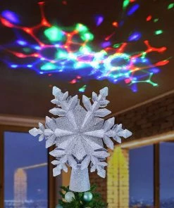Joiedomi All Holiday Decor Glitter Silver Snowflake Tree Toppers With Rainbow Projector Lights
