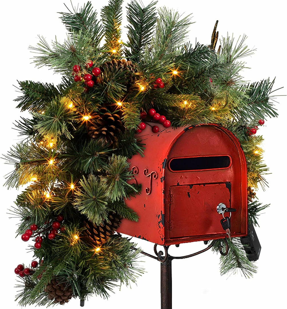 Joiedomi 6" Pre-lit Artificial Christmas Mail Box Swag Flocked With Red Berries Lights 5 Joiedomi 6" Pre-lit Artificial Christmas Mail Box Swag Flocked With Red Berries Lights