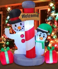 Joiedomi 6 FT Tall Inflatable Christmas Welcome Sign With A Penguin And Snowman