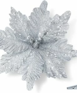 Joiedomi All Holiday Decor 24 Pcs Silver Poinsettia Flowers With Clips And Glitter