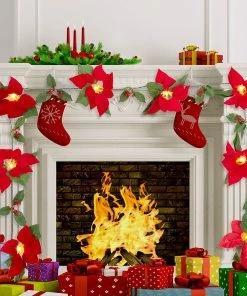 Joiedomi 6 Feet Pre Lit Velvet Silk Poinsettia Garland With Red Berries