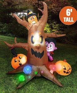Joiedomi Inflatables Large Scary Tree With Colorful Neon Light Mushrooms Inflatable (6 Ft)