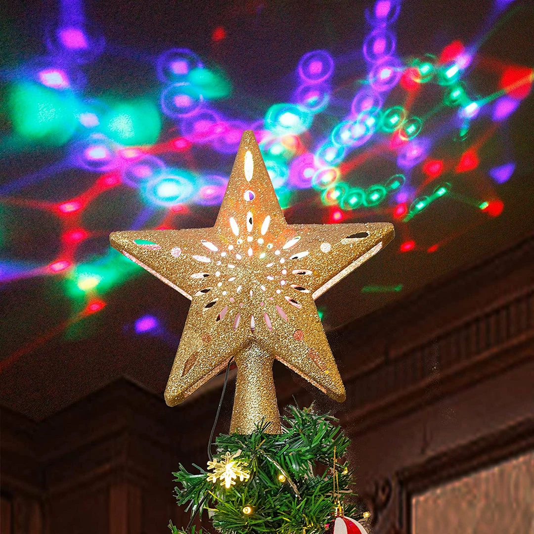 Joiedomi Gold Star Tree Topper With Rainbow Projector Lights 2 Joiedomi Gold Star Tree Topper With Rainbow Projector Lights