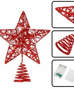 Joiedomi Christmas Tree Toppers, Glitter Red Star Tree Topper Lighted With Warm White LED Lights Christmas Trees