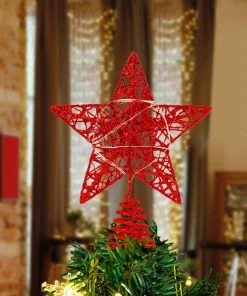 Joiedomi Christmas Tree Toppers, Glitter Red Star Tree Topper Lighted With Warm White LED Lights Christmas Trees