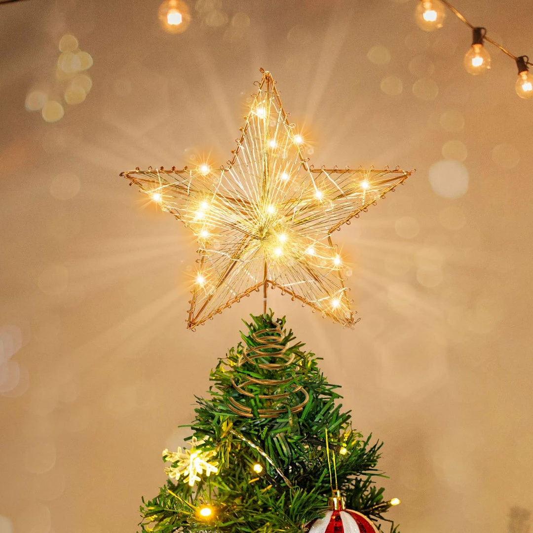 Joiedomi Christmas Tree Toppers, Gold Star Tree Topper Lighted With Warm White LED Lights 8 Joiedomi Christmas Tree Toppers, Gold Star Tree Topper Lighted With Warm White LED Lights