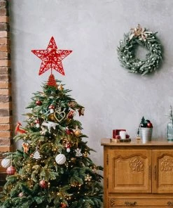 Joiedomi Christmas Tree Toppers, Glitter Red Star Tree Topper Lighted With Warm White LED Lights Christmas Trees