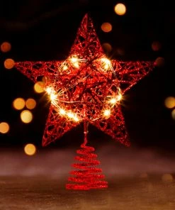 Joiedomi Christmas Tree Toppers, Glitter Red Star Tree Topper Lighted With Warm White LED Lights Christmas Trees