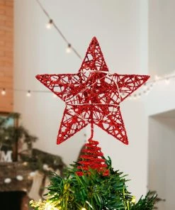 Joiedomi Christmas Tree Toppers, Glitter Red Star Tree Topper Lighted With Warm White LED Lights Christmas Trees